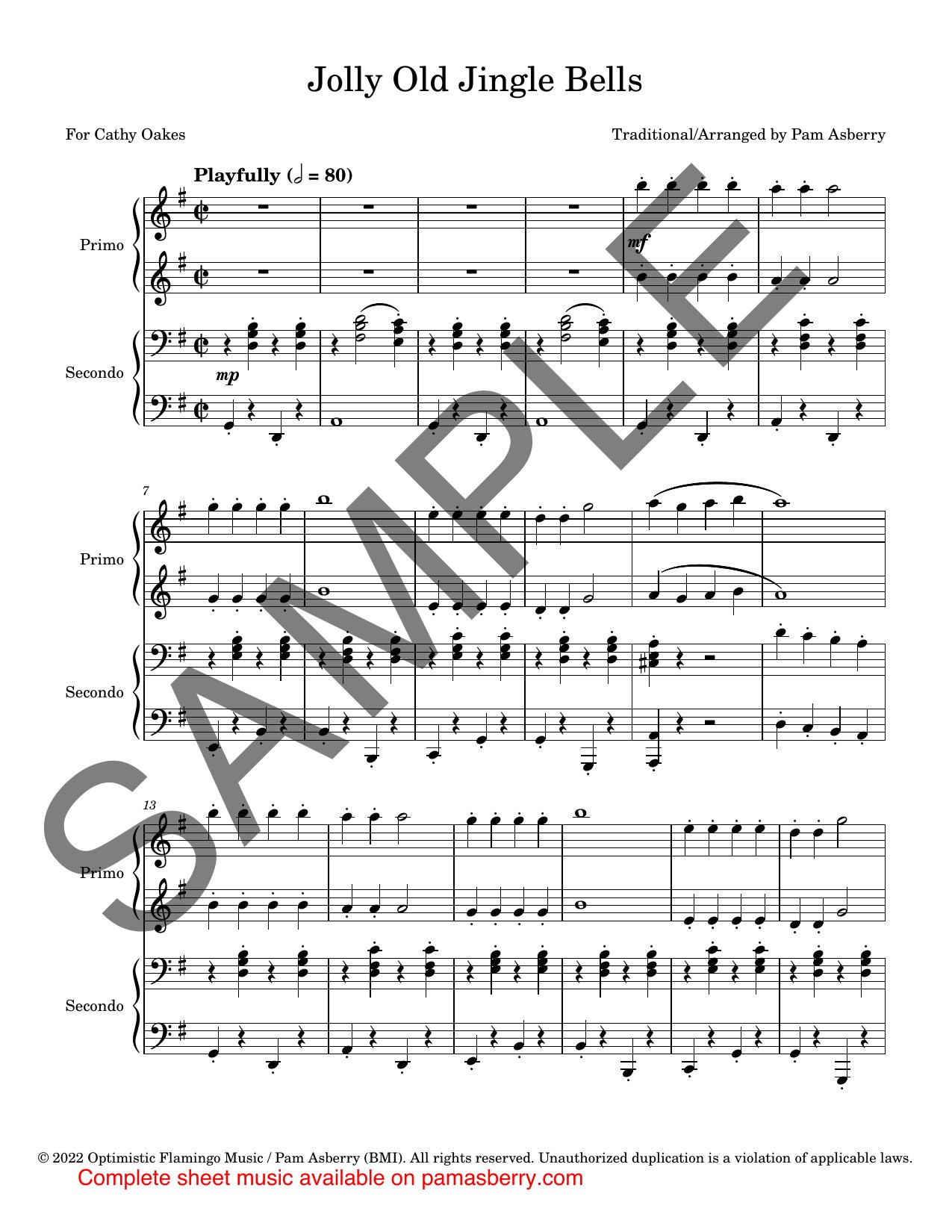 Jolly Old Jingle Bells – Piano Duet – Physical Sheet Music sample page 1